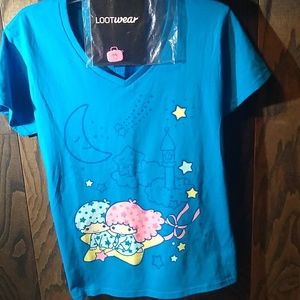 LittleTwin Stars by Sanrio Ladies L Blue Vneck Tee